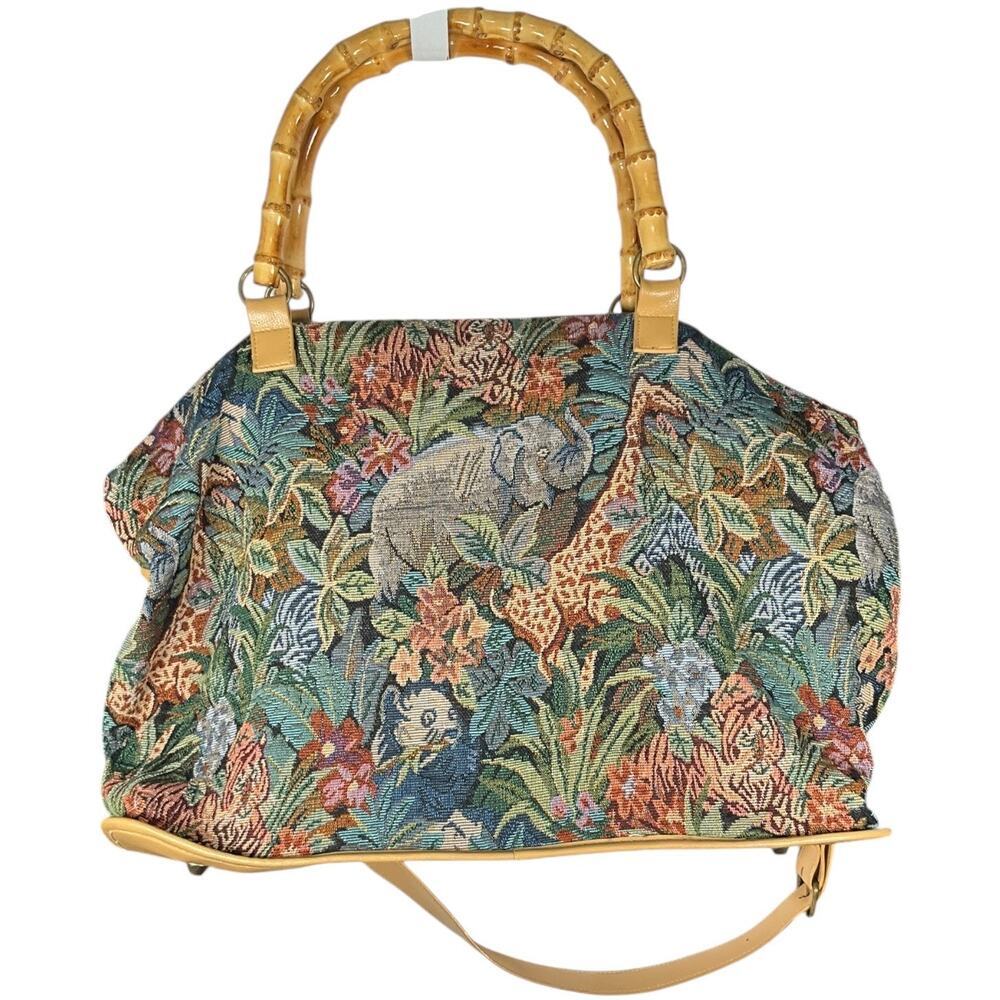 Tapestry Jungle Print Bamboo Handle Tote Bag - Multicolor